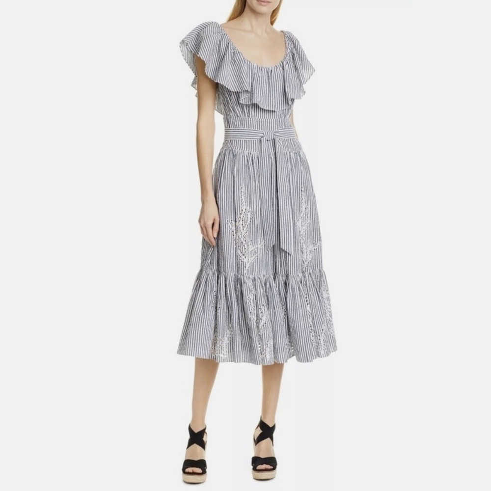 NWT Tory Burch Eyelet Embroidered Stripe Flounce Ruffles Midi Dress Sz 10 Beach
